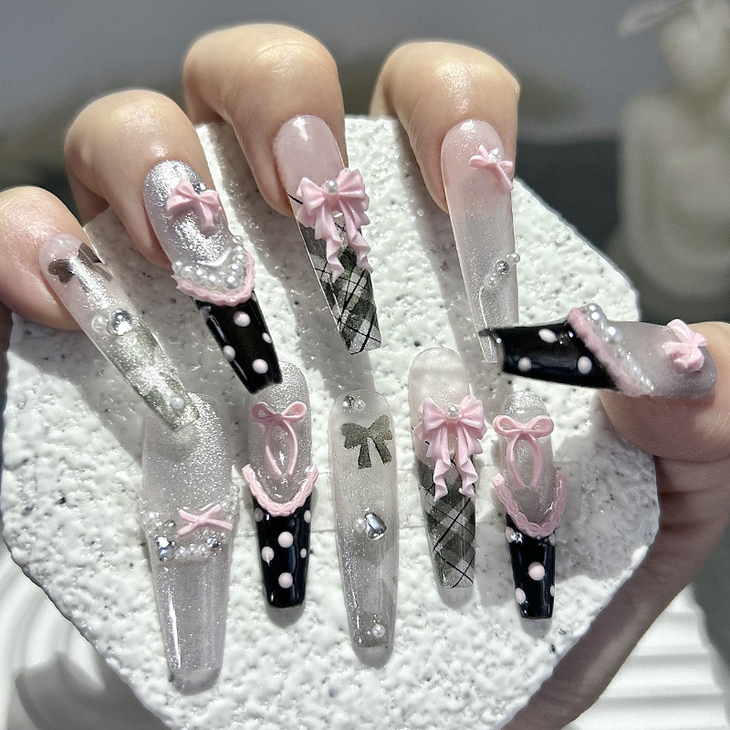 Nail Art Inspo - 10PCS Y2K Black Pink French Handmade