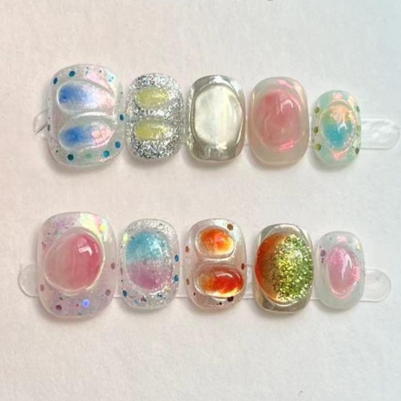 Nail Art Inspo - 10Pcs Cute Short Round Handmade Fake