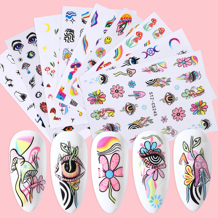9pcs Evil Eye Flower Nail Stic - đánh giá và giá Nail Art Maroon