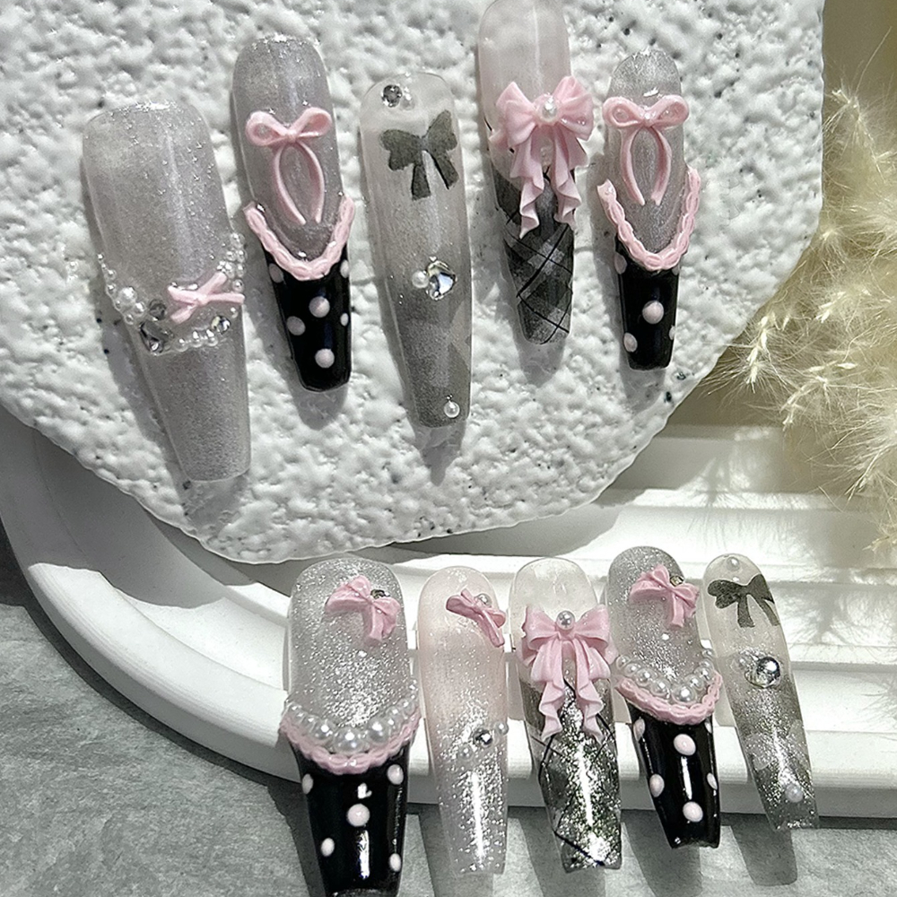 10PCS Y2K Black Pink French Ha - đánh giá và giá Nail Art Inspo